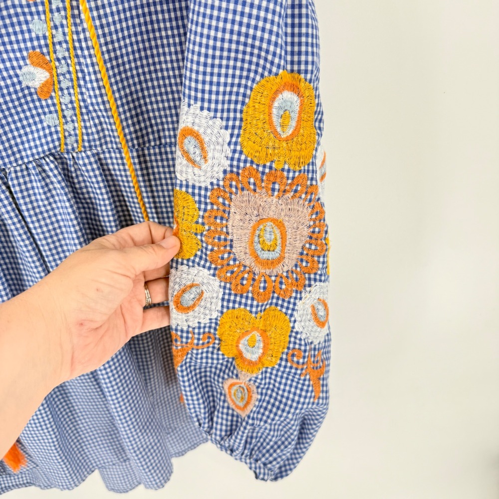 Jennifer + Grace Blue Gingham Embroidered Tassel Boho Top White Small Peasant - Picture 4 of 10